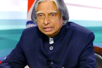 APJ Abdul Kalam portrait with Indian flag background, showing his journey from humble beginnings to becoming the Missile Man and President of India