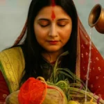 A vibrant image of Chhath Puja 2024 rituals showing devotees offering Arghya to the Sun God (Surya Devta) during sunrise, with traditional offerings like Thekua and fruits in a decorated bamboo basket, symbolizing purity and devotion in Hindu culture.