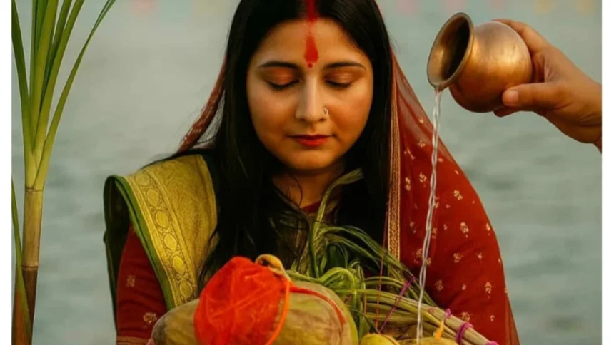 A vibrant image of Chhath Puja 2024 rituals showing devotees offering Arghya to the Sun God (Surya Devta) during sunrise, with traditional offerings like Thekua and fruits in a decorated bamboo basket, symbolizing purity and devotion in Hindu culture.