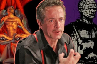 Clive Barker portrait with dark background, showing the horror author known as 'डर के सुल्तान' (Sultan of Fear) in Hindi, creator of Hellraiser and horror novels