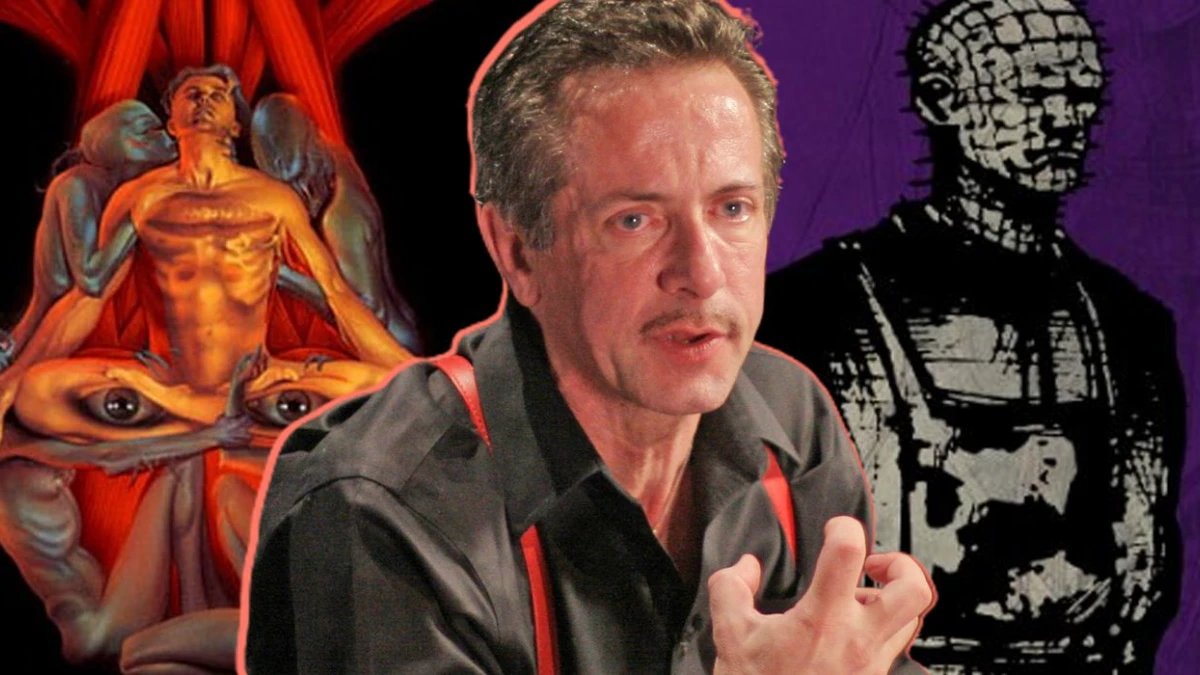 Clive Barker portrait with dark background, showing the horror author known as 'डर के सुल्तान' (Sultan of Fear) in Hindi, creator of Hellraiser and horror novels