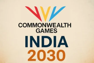 Ahmedabad Commonwealth Games 2030 bid logo with Indian flag and sports icons, representing India's hosting strategy and readiness for the event | आहमदाबाद कॉमनवेल्थ गेम्स 2030 बिड लोगो जिसमें भारतीय झंडा और खेल आइकन शामिल हैं, जो भारत की होस्टिंग रणनीति और तैयारी को दर्शाता है