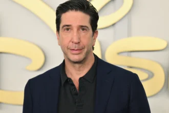 David Schwimmer as Ross Geller in Friends TV show, smiling in a coffee shop setting, with a journey map from Friends to his stardom in Bollywood style