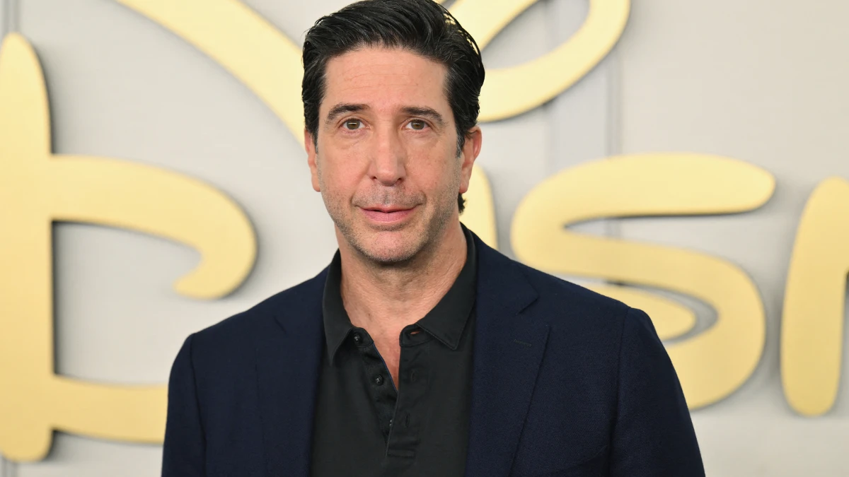 David Schwimmer as Ross Geller in Friends TV show, smiling in a coffee shop setting, with a journey map from Friends to his stardom in Bollywood style