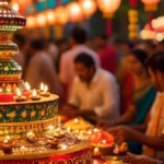 धनतेरस पूजा की विधि दिखाती एक तस्वीर, जिसमें दीपक, धन, और पूजा सामग्री शामिल है