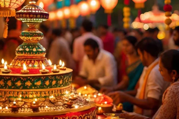 धनतेरस पूजा की विधि दिखाती एक तस्वीर, जिसमें दीपक, धन, और पूजा सामग्री शामिल है