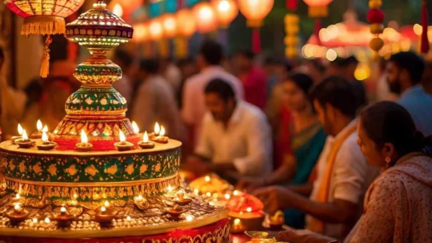 धनतेरस पूजा की विधि दिखाती एक तस्वीर, जिसमें दीपक, धन, और पूजा सामग्री शामिल है