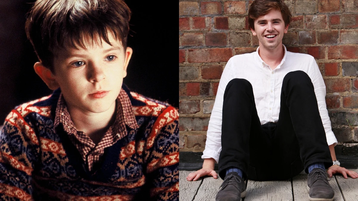 Freddie Highmore: जीवन की प्रेरणादायक कहानी 1 Freddie Highmore smiling in a black suit at an event, with text overlay in Hindi and English highlighting his inspiring journey from child actor to acclaimed star for AajKyaHai.com readers