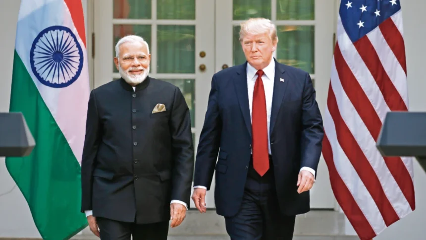 Indian and American flags with trade negotiation imagery, symbolizing the accelerated India-US trade deal talks as the Indian delegation travels to Washington for key discussions.