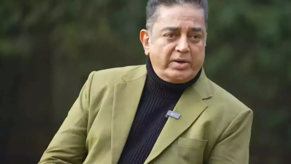 Kamal Haasan posing in a thoughtful expression, symbolizing his life struggles and cinematic success in Bollywood and Tamil cinema
