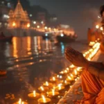 Kartik Amavasya 2025: A spiritual scene showing a Hindu devotee performing rituals like diya lighting and holy bath during the new moon day, symbolizing peace and devotion in Hindi and English traditions