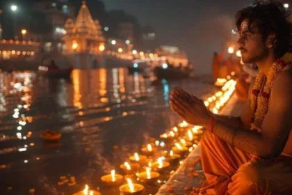 Kartik Amavasya 2025: A spiritual scene showing a Hindu devotee performing rituals like diya lighting and holy bath during the new moon day, symbolizing peace and devotion in Hindi and English traditions