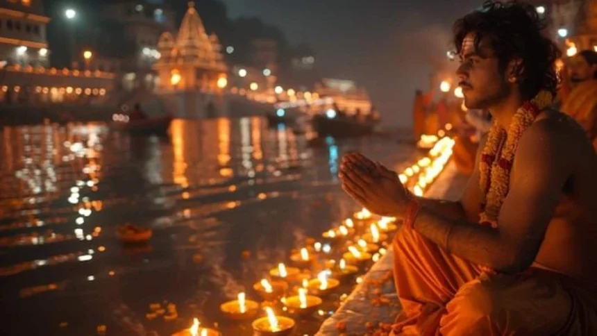 Kartik Amavasya 2025: A spiritual scene showing a Hindu devotee performing rituals like diya lighting and holy bath during the new moon day, symbolizing peace and devotion in Hindi and English traditions