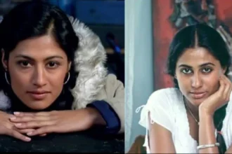 Smita Patil smiling in a classic Bollywood photo, with text overlay in Hindi and English about her life story on AajKyaHai.com