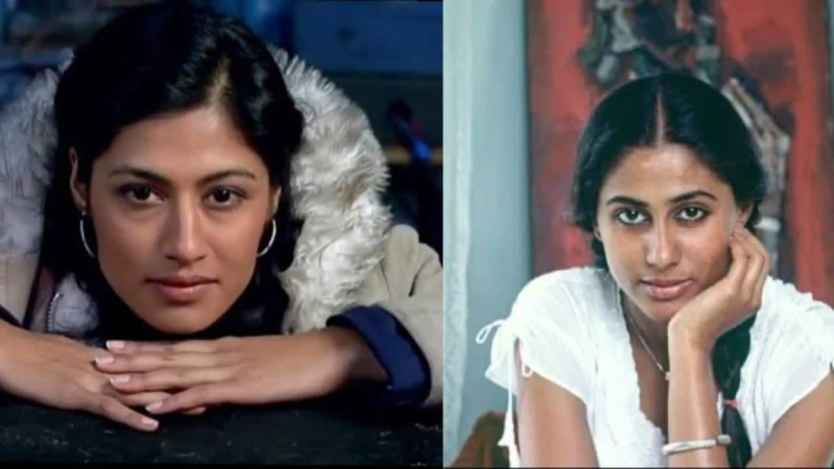 Smita Patil: अविस्मरणीय जीवन गाथा 1 Smita Patil smiling in a classic Bollywood photo, with text overlay in Hindi and English about her life story on AajKyaHai.com