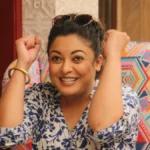 Tanushree Dutta portrait image with Hindi and English text overlay describing her life journey and #MeToo movement role