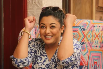 Tanushree Dutta portrait image with Hindi and English text overlay describing her life journey and #MeToo movement role